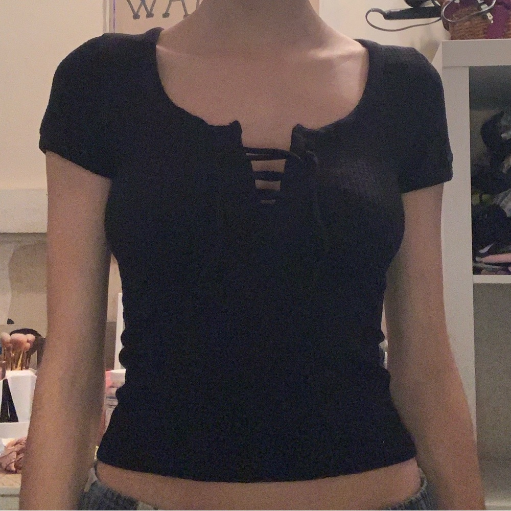 Almost Famous Black Lace-Up Short Sleeve Top